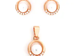 Pearl Pendant Set - Rose Gold Plated Pearl & CZ Circle Pendant with Matching Stud Earrings