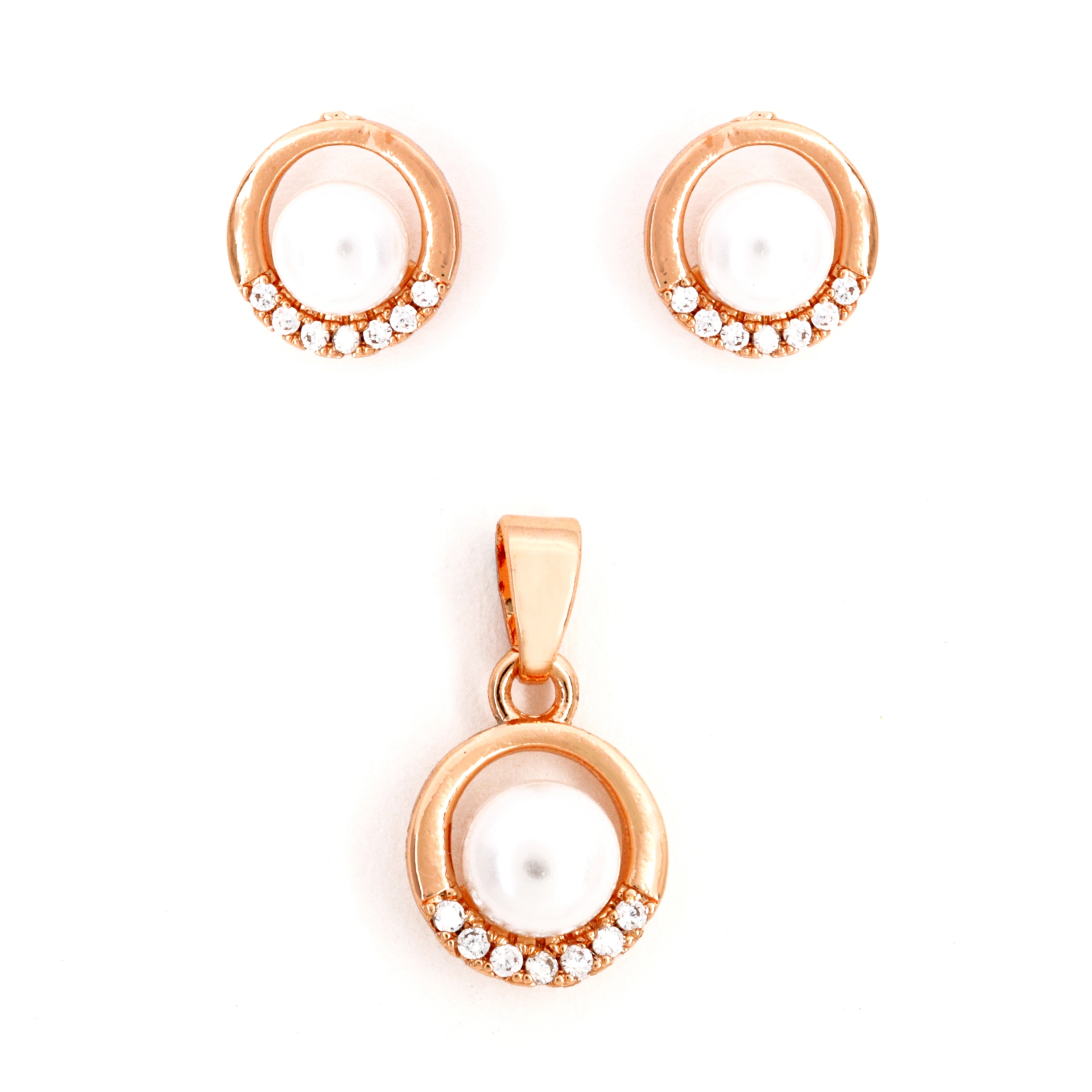 Pearl Pendant Set - Rose Gold Plated Pearl & CZ Circle Pendant with Matching Stud Earrings