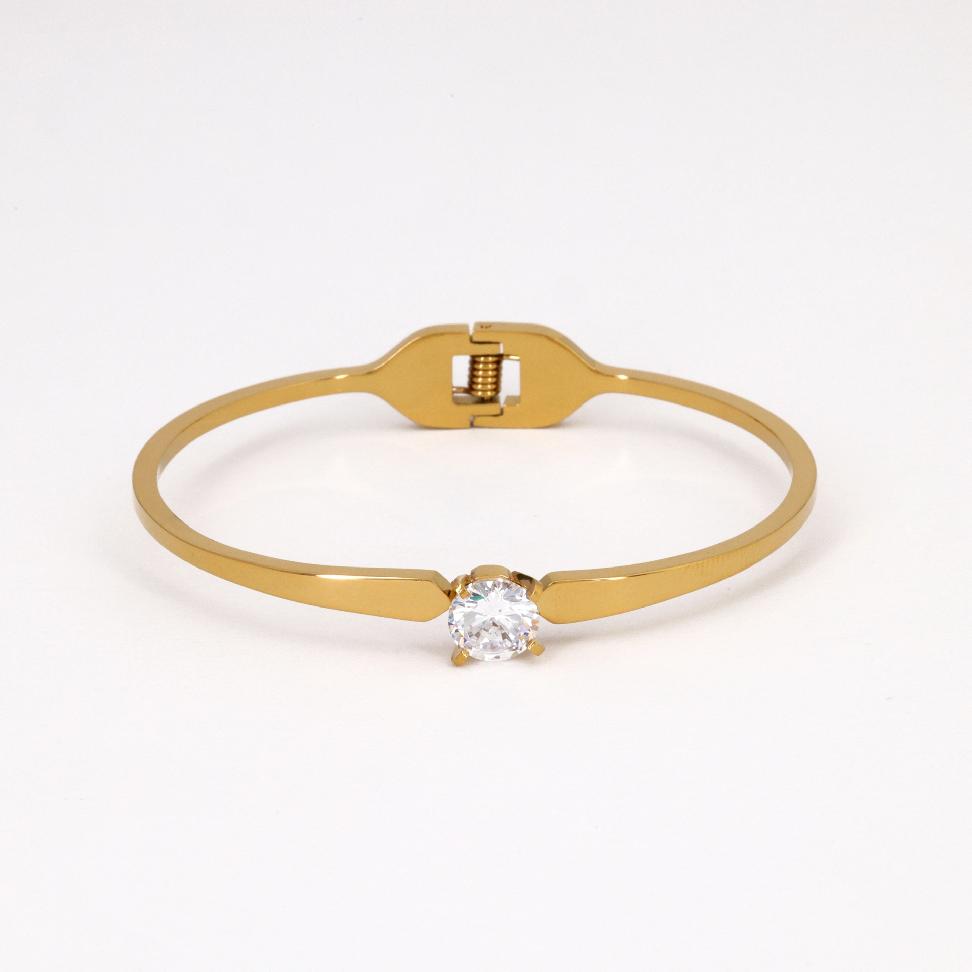 Western Bracelet - Gold Plated Solitaire CZ Stone Hinged Bangle