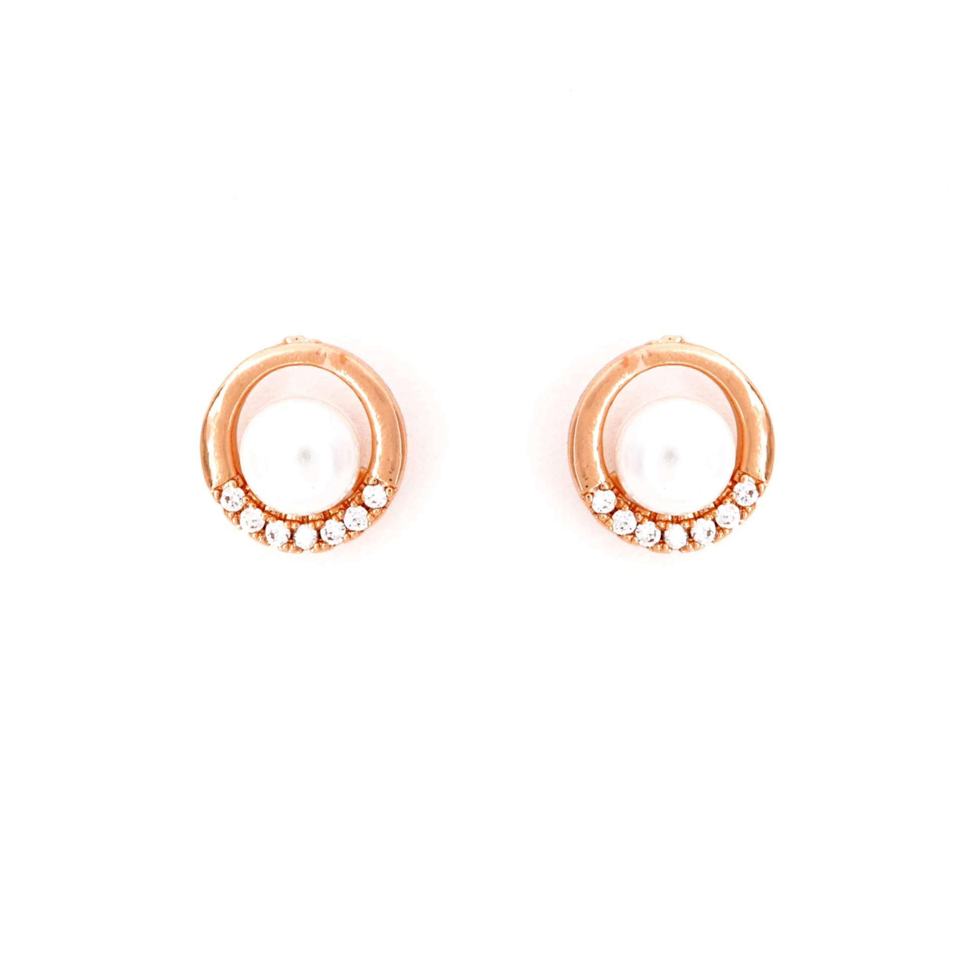 Pearl Pendant Set - Rose Gold Plated Pearl & CZ Circle Pendant with Matching Stud Earrings - Image 2