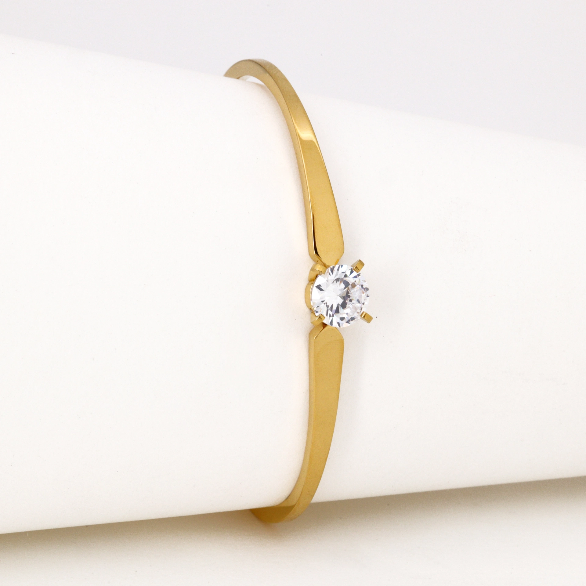 Western Bracelet - Gold Plated Solitaire CZ Stone Hinged Bangle - Image 2