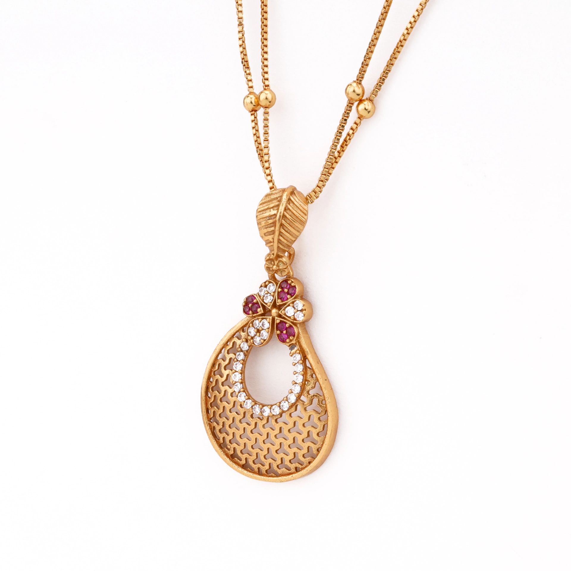 Traditional Gold Plated Teardrop Pendant Set with Ruby CZ Accents