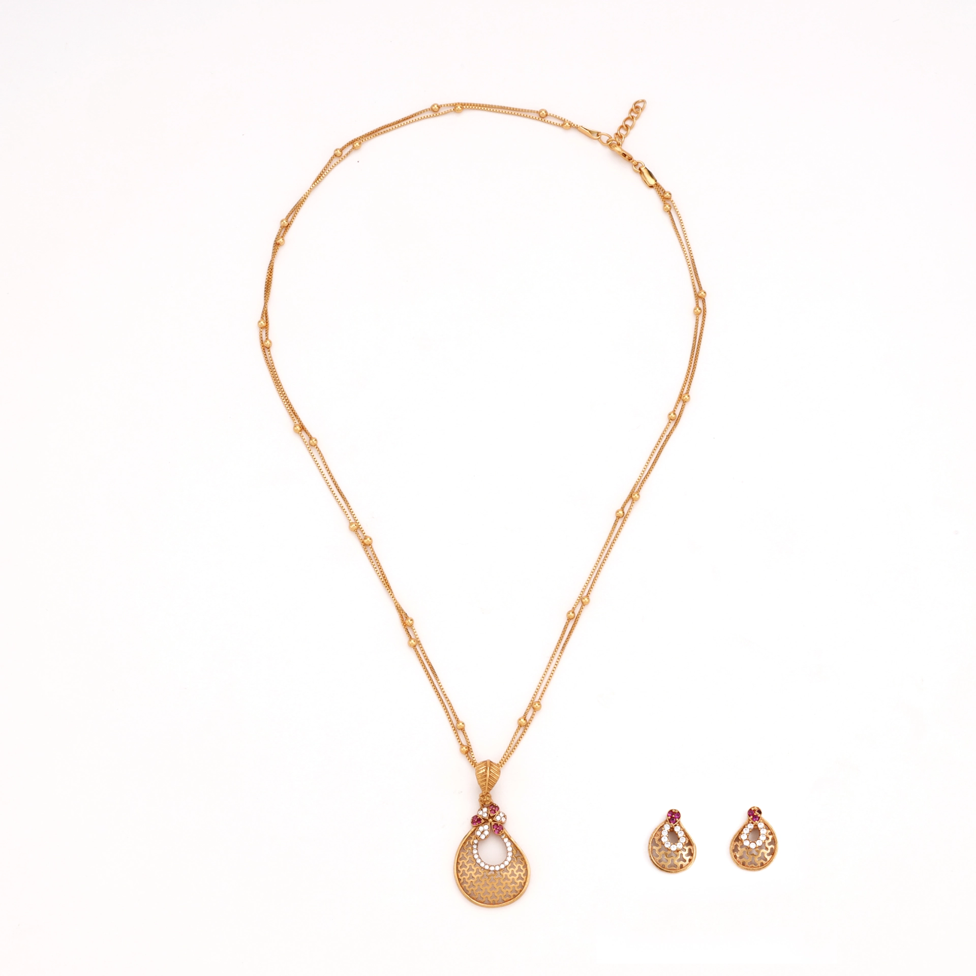 Traditional Gold Plated Teardrop Pendant Set with Ruby CZ Accents - Image 2