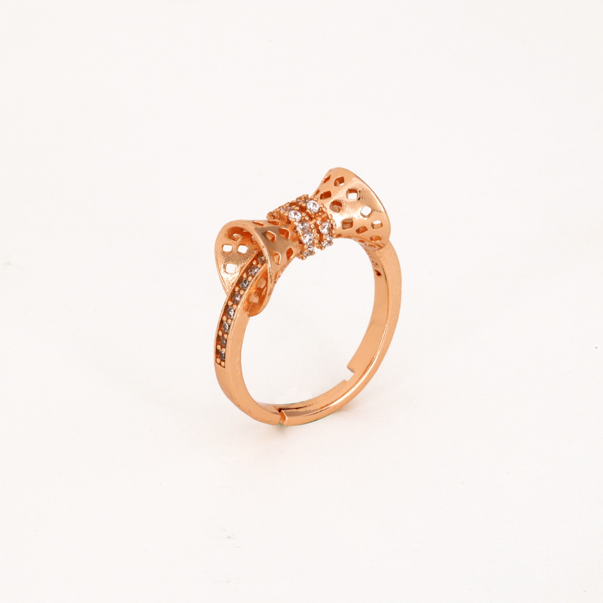 Rose Gold Plated Bow Tie CZ Adjustable Finger Ring - Image 3