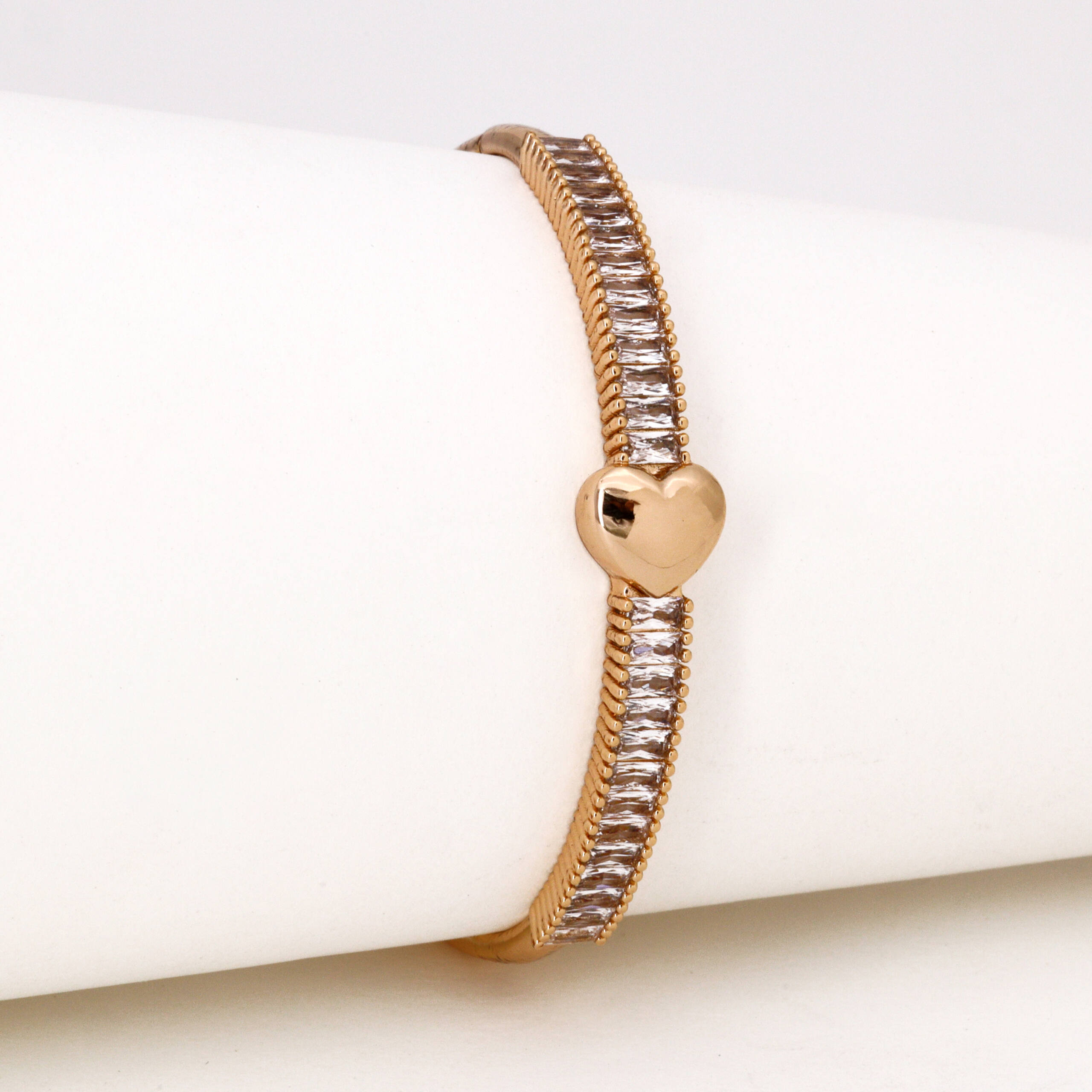 Rose Gold Baguette CZ Heart Bangle Bracelet