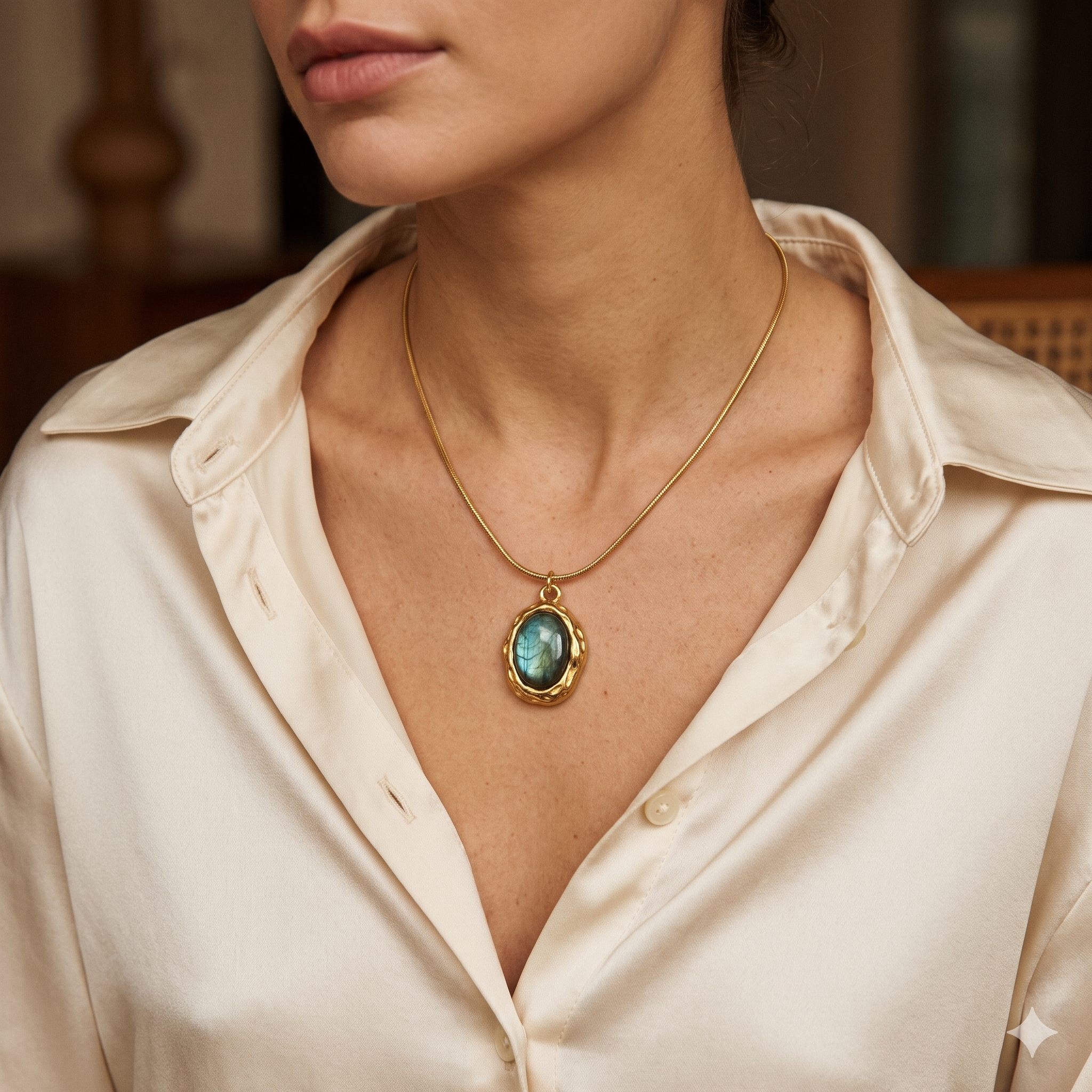 Blue Oval Stone Gold Tone Necklace