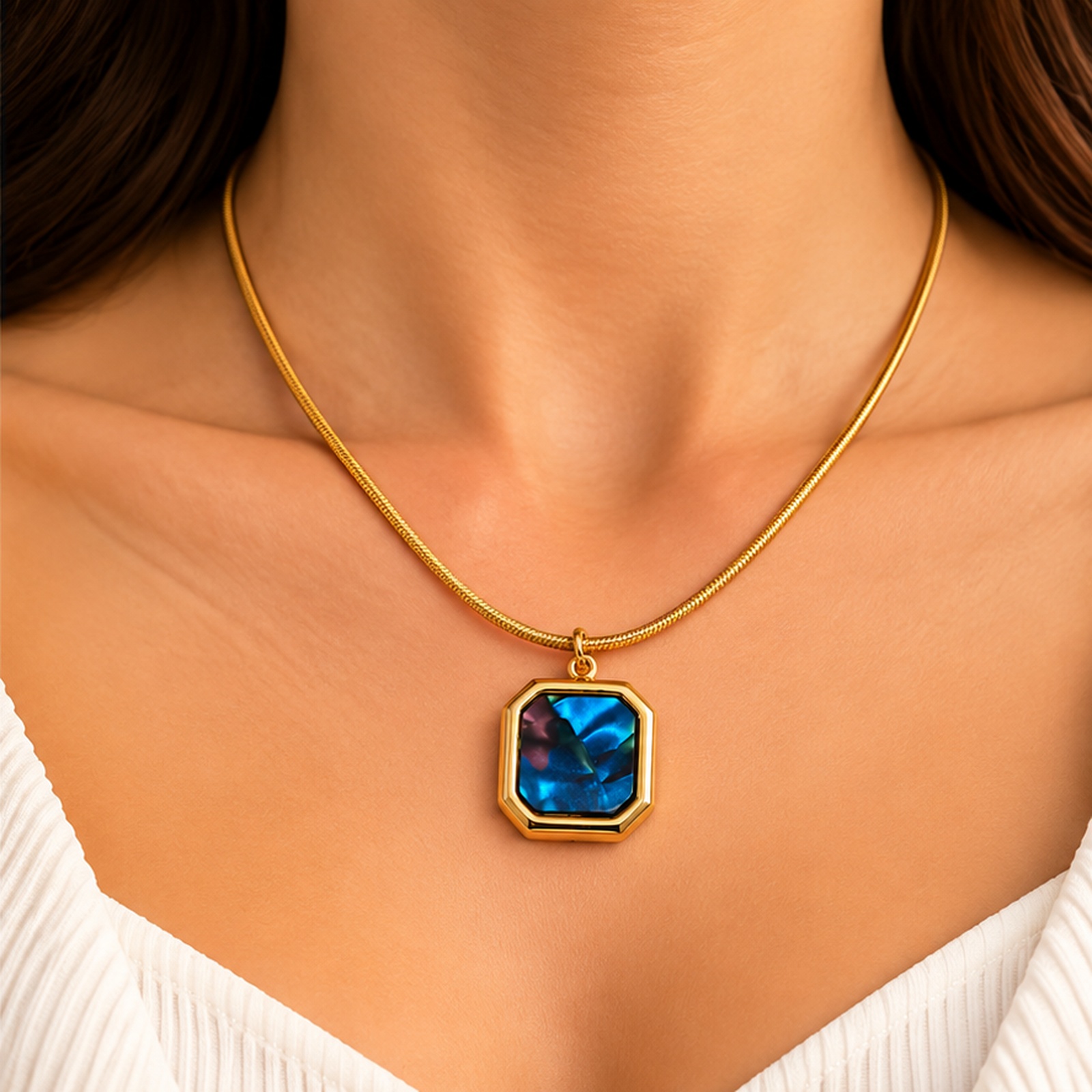 Blue Square Stone Gold Tone Necklace
