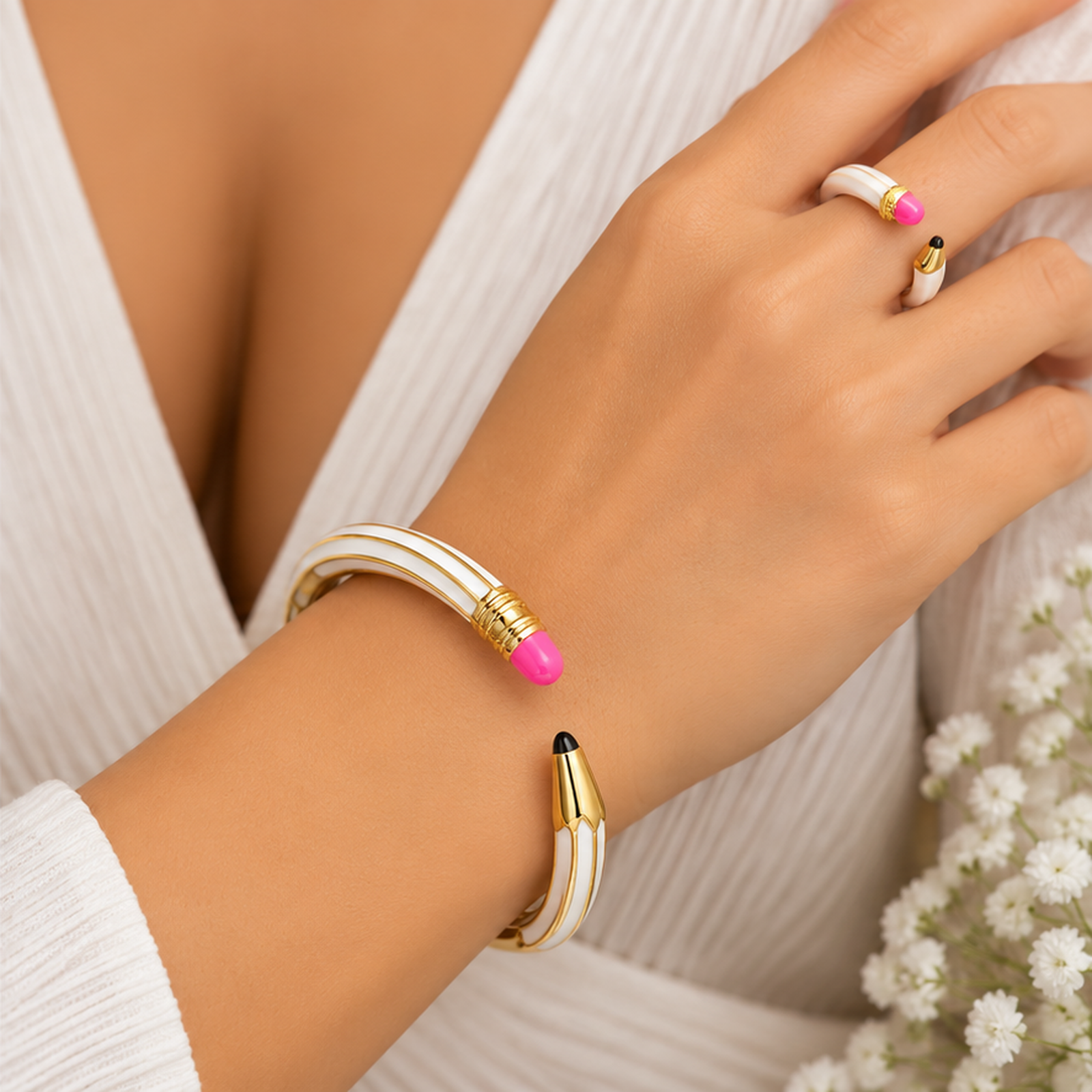 Elegant White Spiral Gold Tone Kada