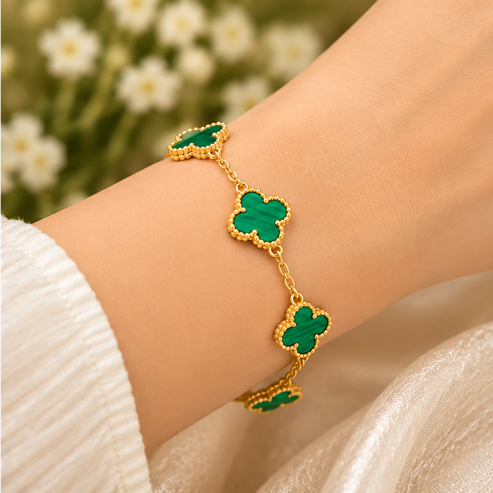 Emerald Green Clover Gold Tone Bracelet