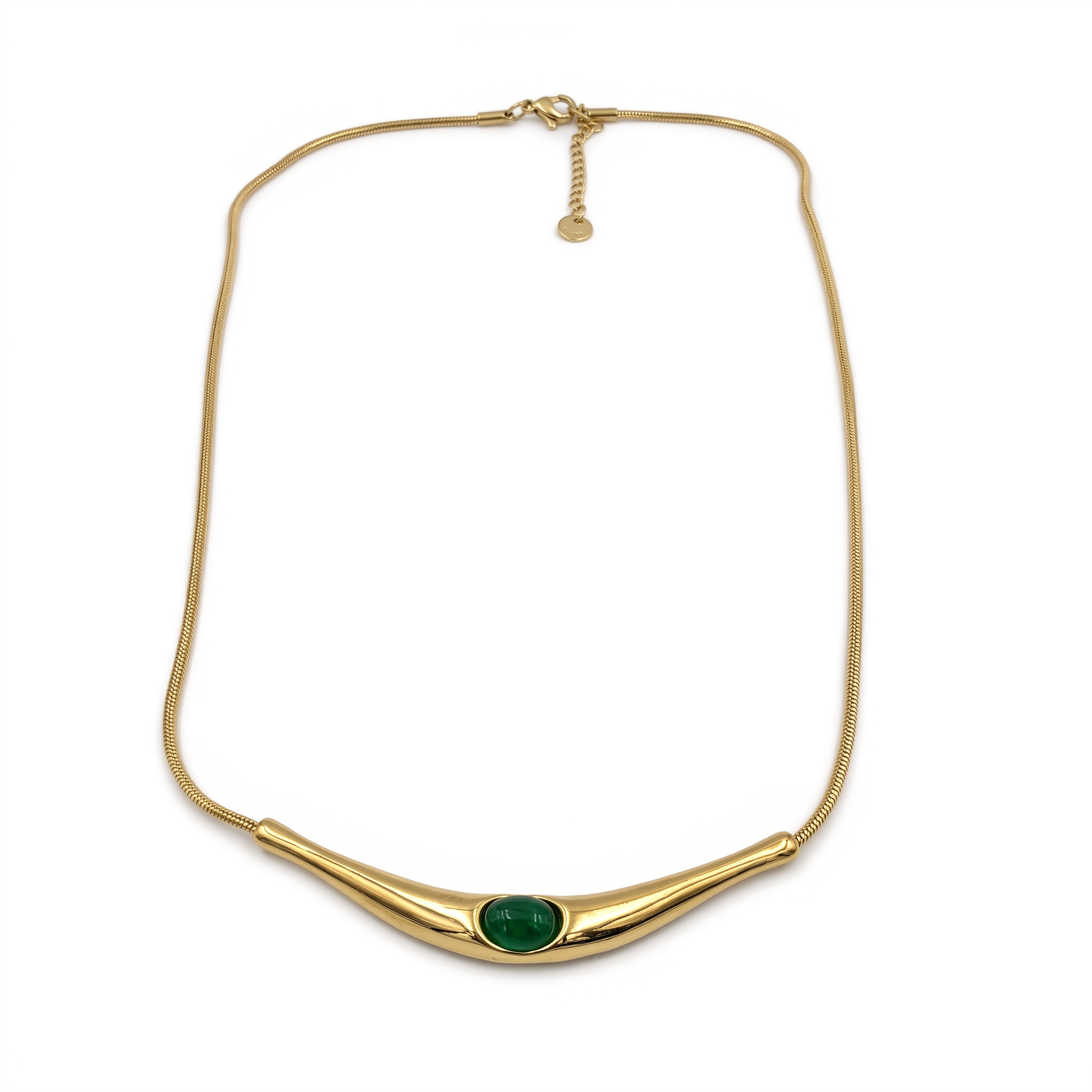 Green Stone Gold Tone Curve Necklace
