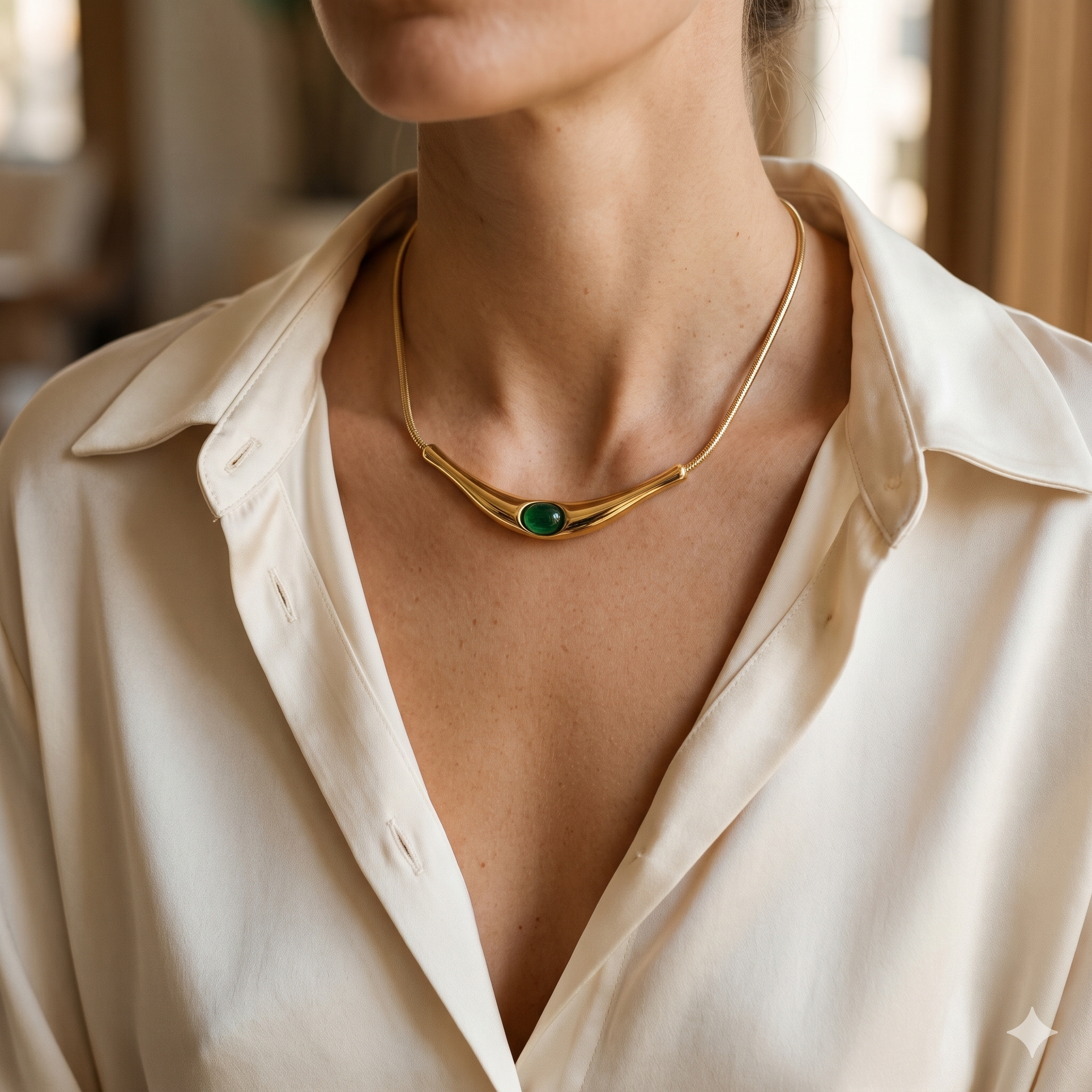 Green Stone Gold Tone Curve Necklace