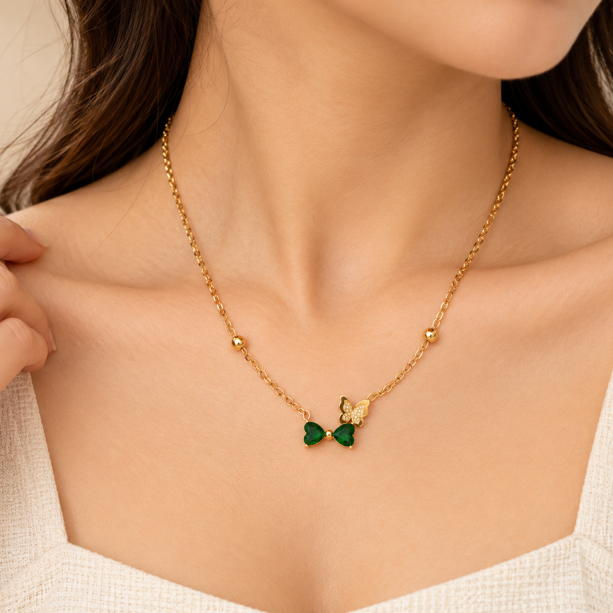 Green Stone Gold Tone Delicate Necklace