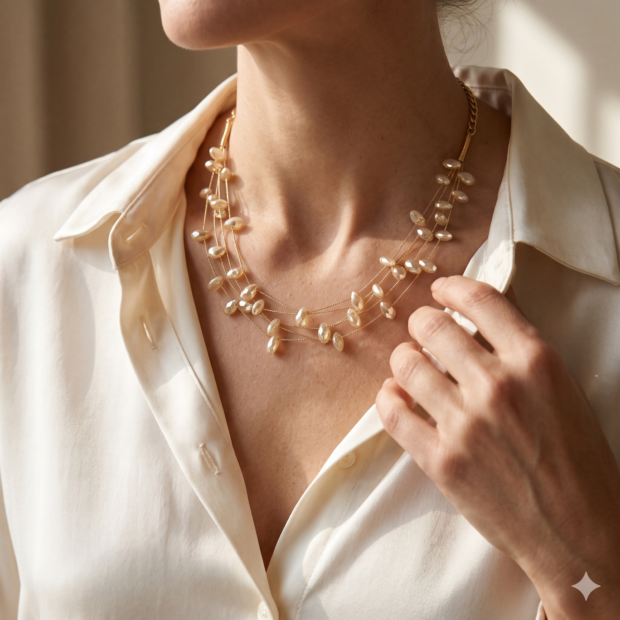 Layered Pearl Style Gold Tone Necklace