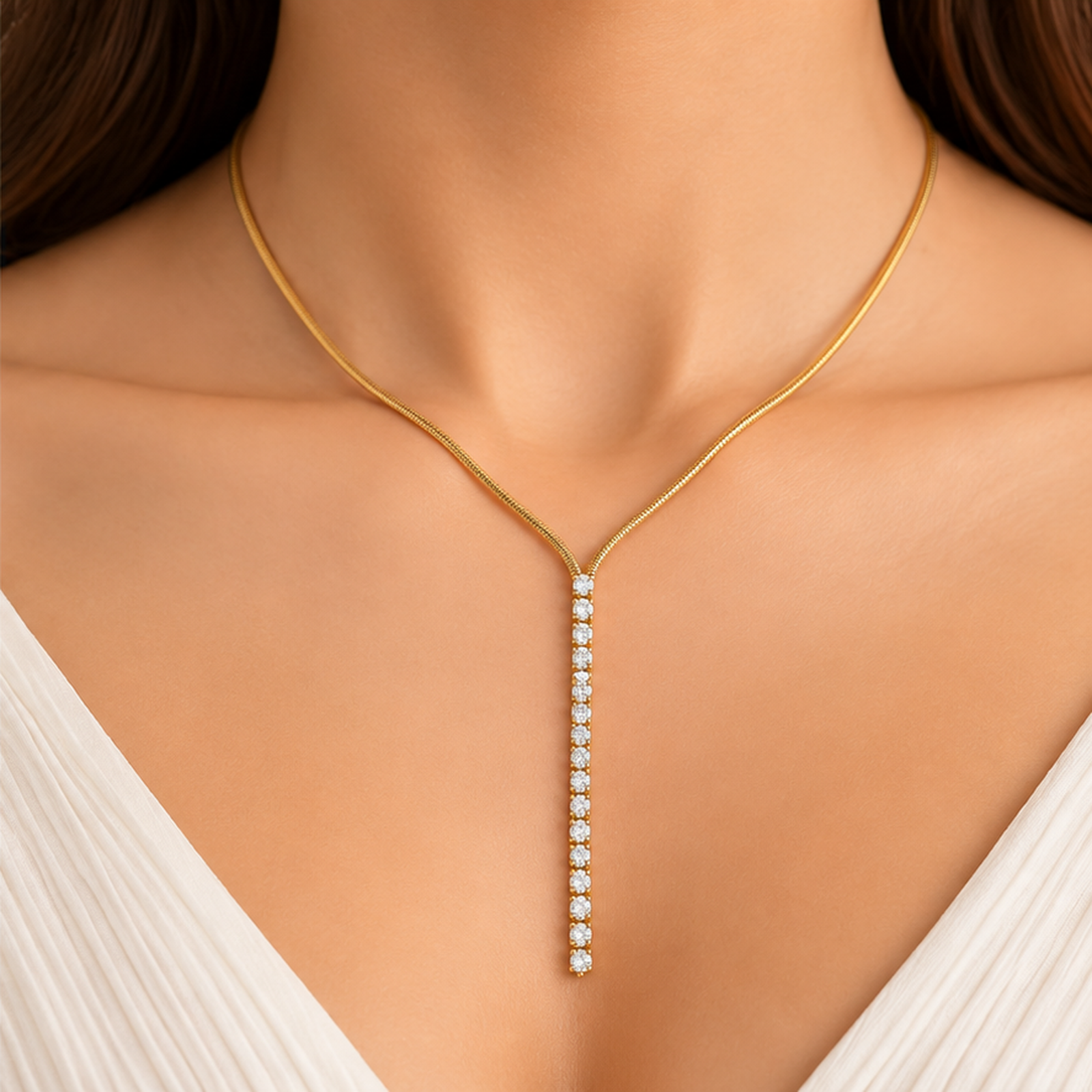 Long White Stone Gold Tone Necklace