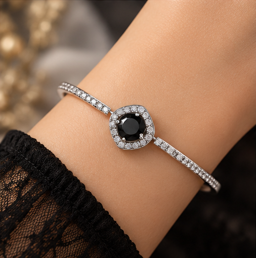 Midnight Bloom Silver Halo Charm Link Bracelet