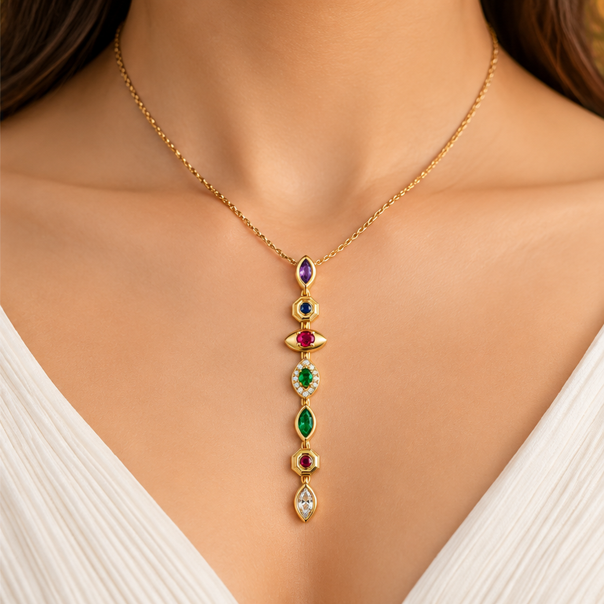 Multicolor Long Drop Gold Tone Necklace