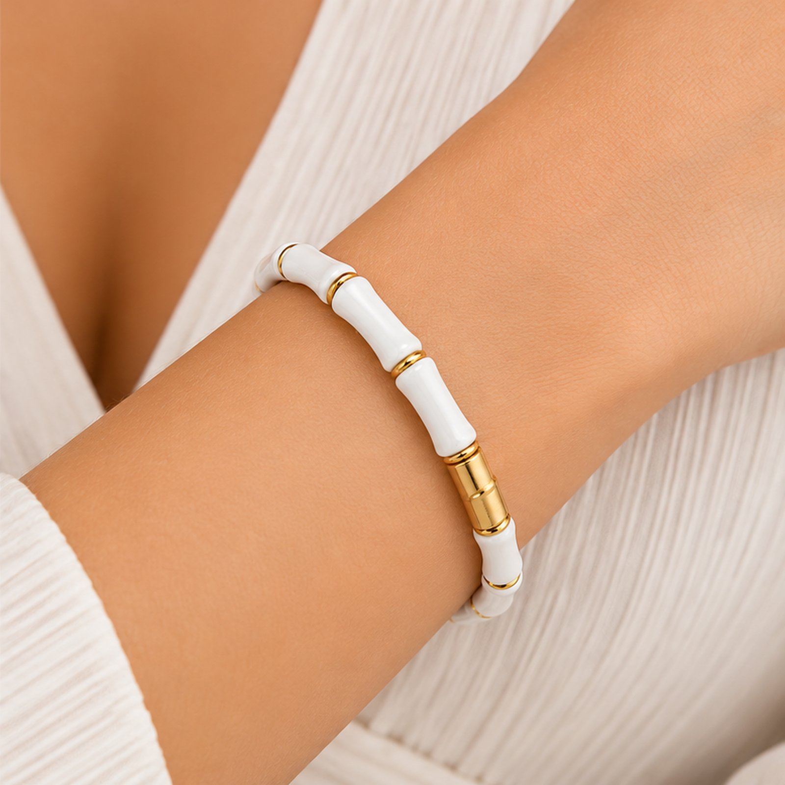 Pearl White Enamel Gold Tone Bangle