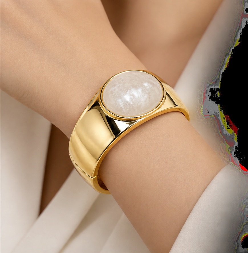 Pearl White Oval Stone Gold Tone Kada