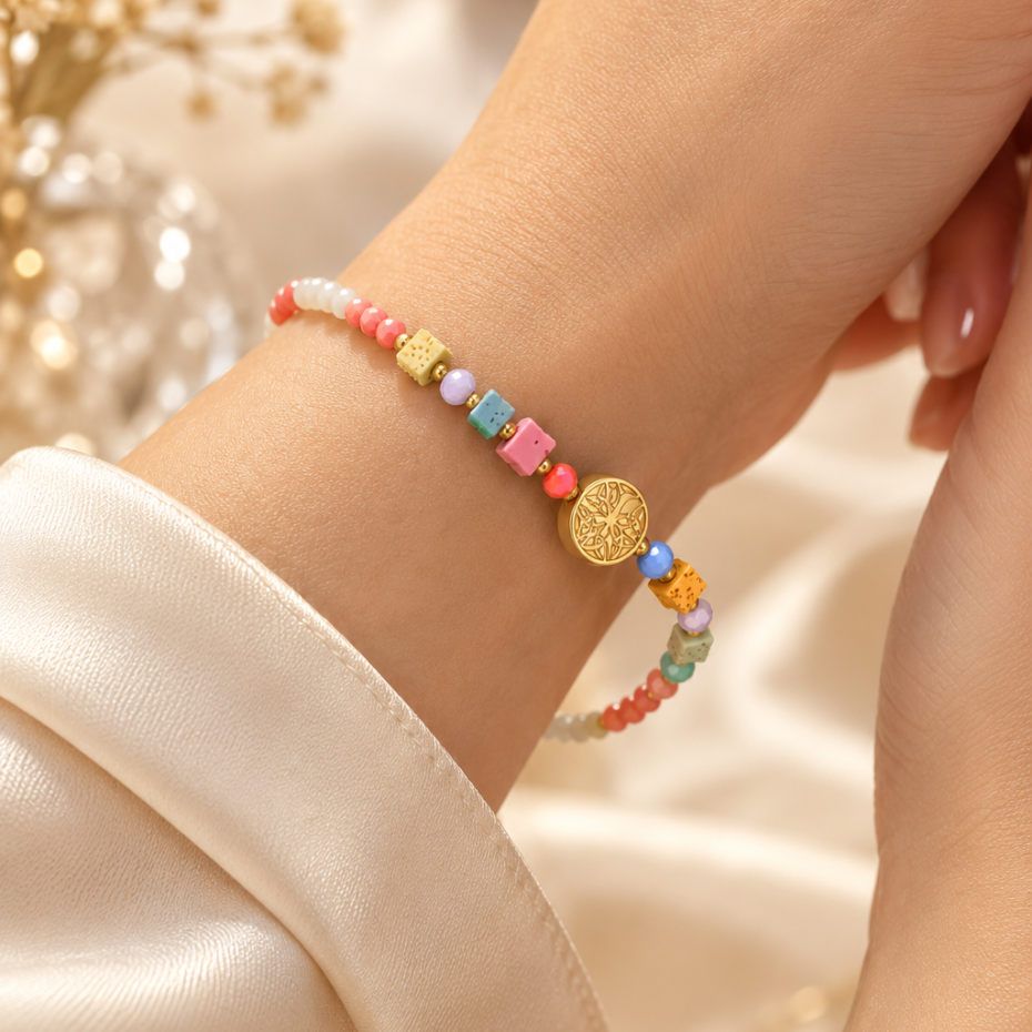 Rainbow Beads Gold Tone Charm Bracelet