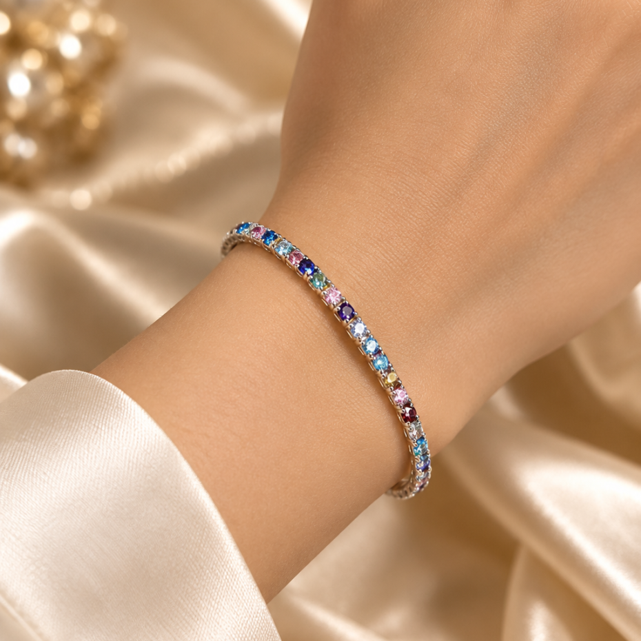 Rainbow Crystal Silver Tone Classic Kada