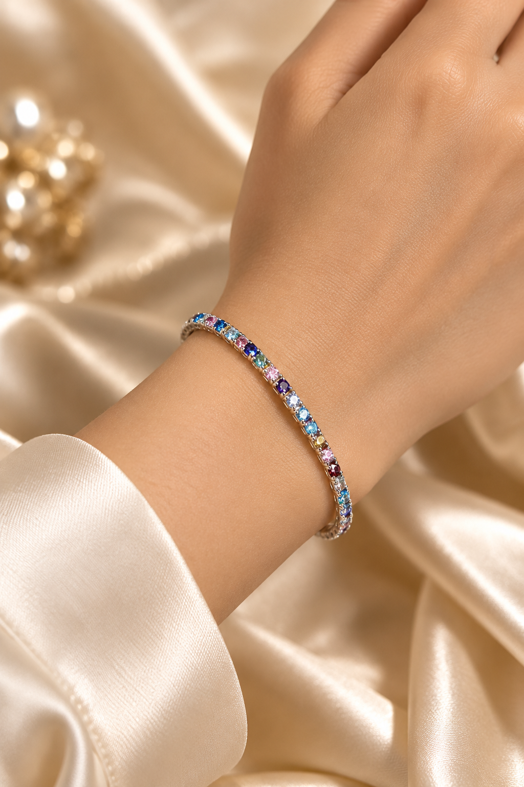Rainbow Crystal Silver Tone Classic Kada