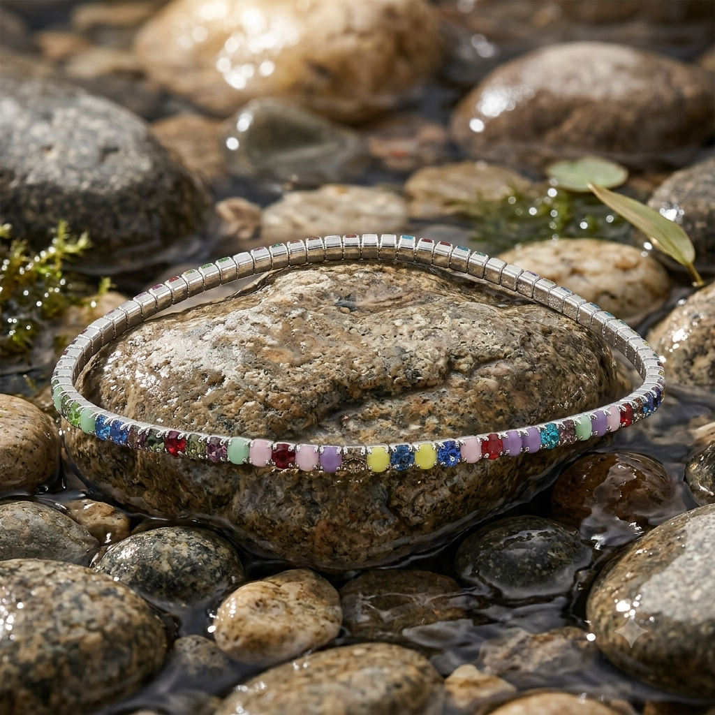 Rainbow Stone Silver Tone Elegant Kada