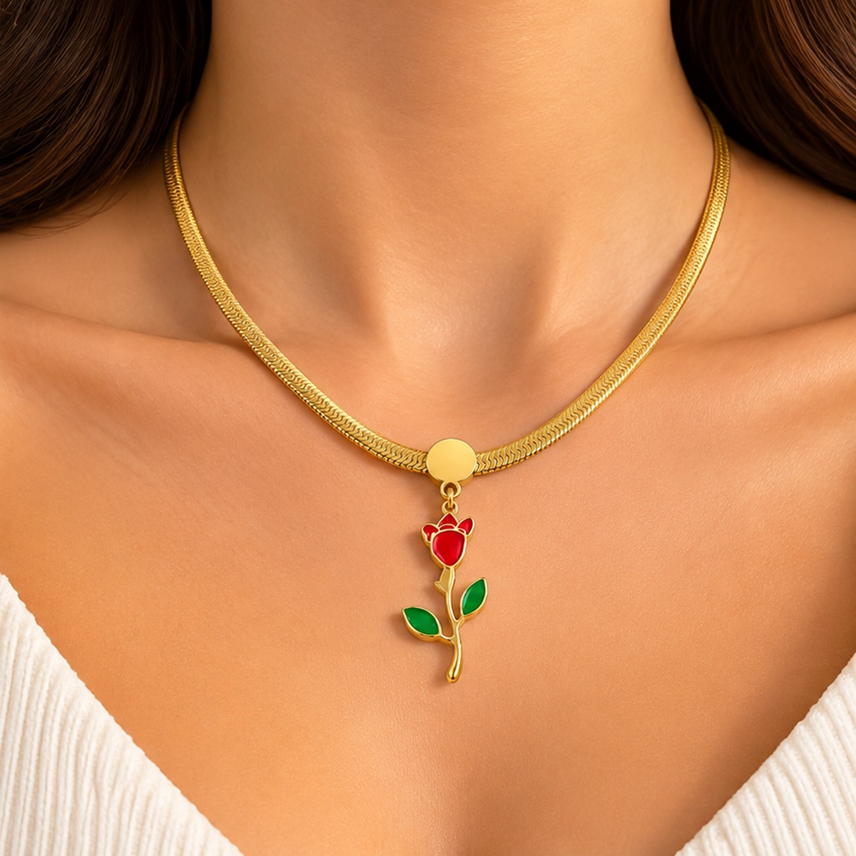 Red Green Floral Gold Tone Necklace
