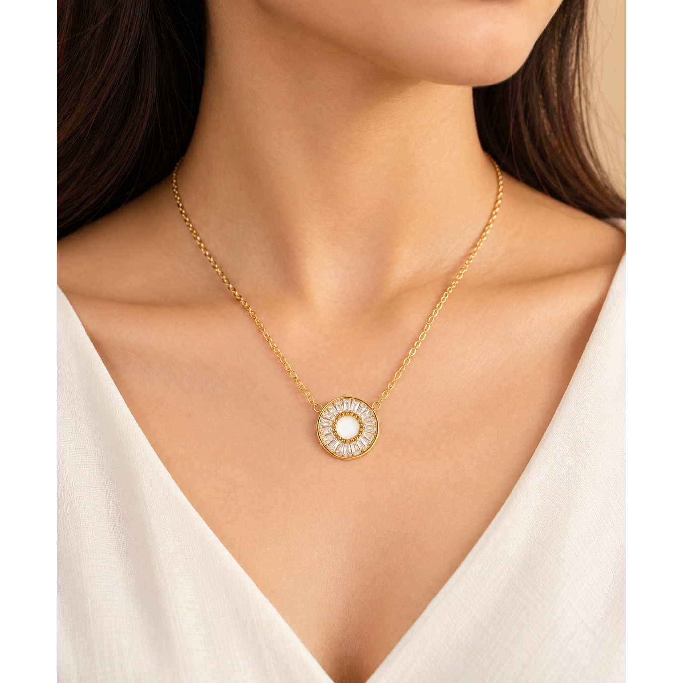 Round White Stone Gold Tone Necklace