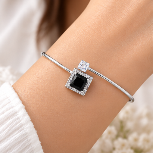 Silver Black Square Charm Bracelet