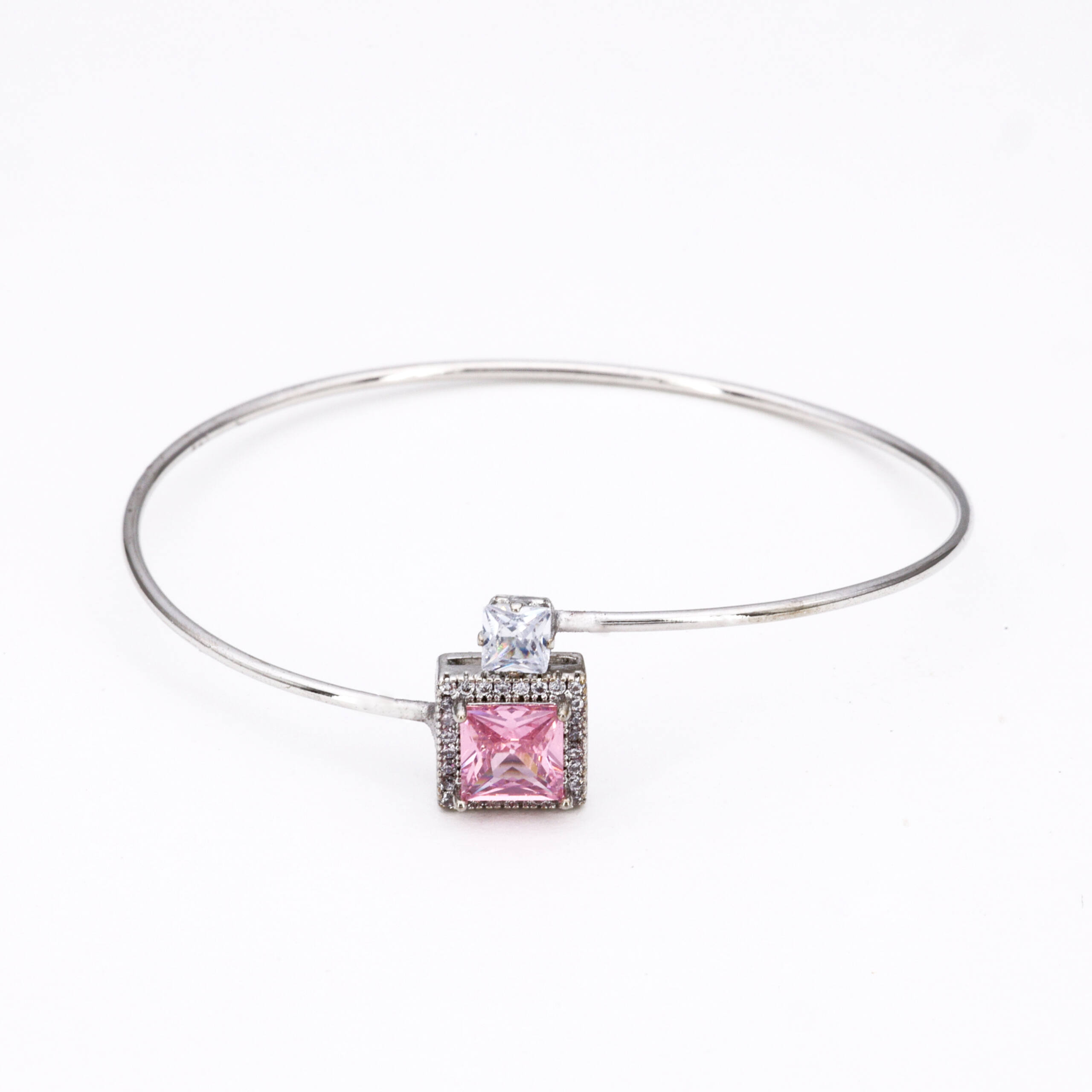 Silver Blush Pink Square Charm Bracelet