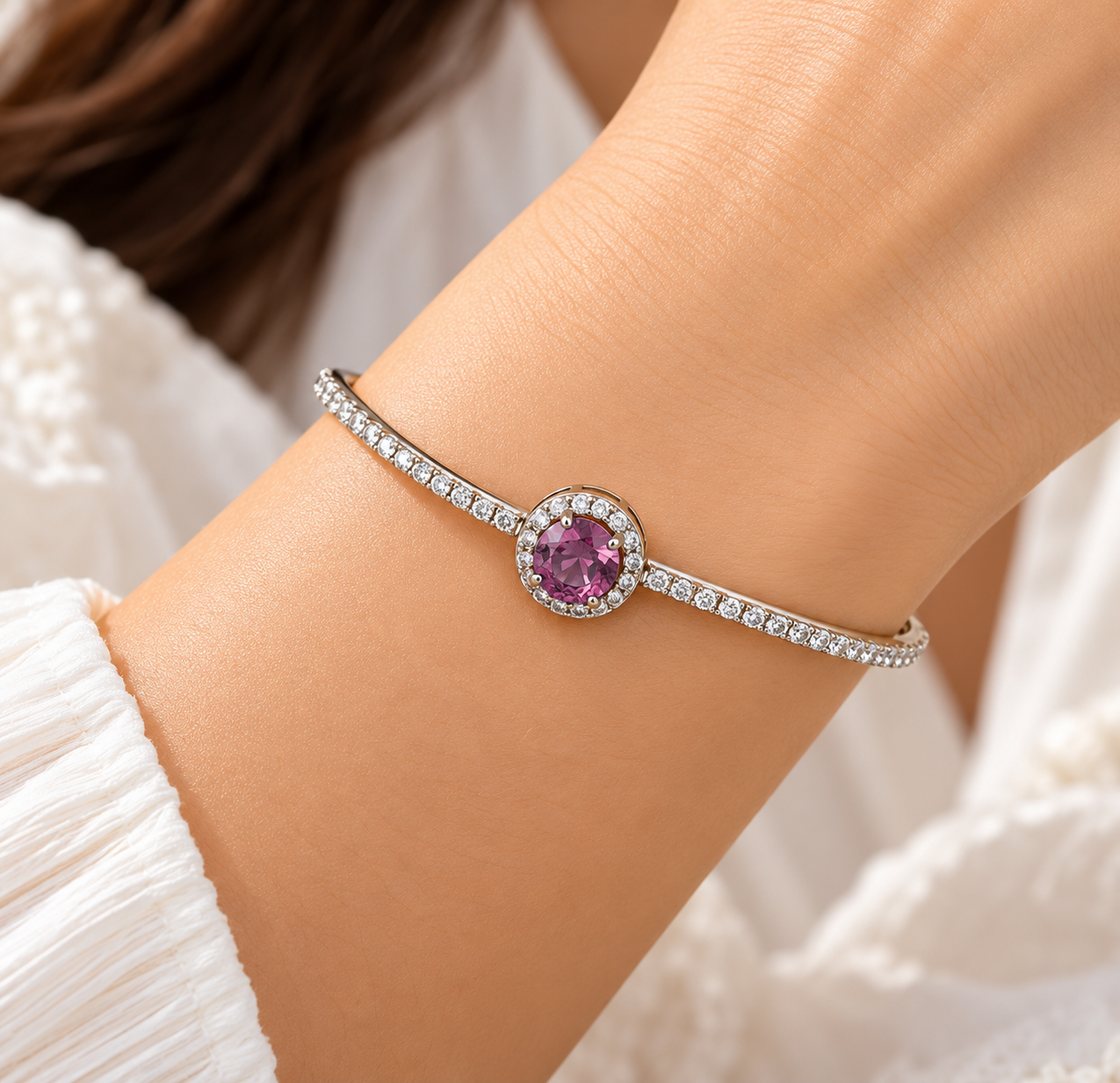 Silver Blush Pink Square Charm Bracelet