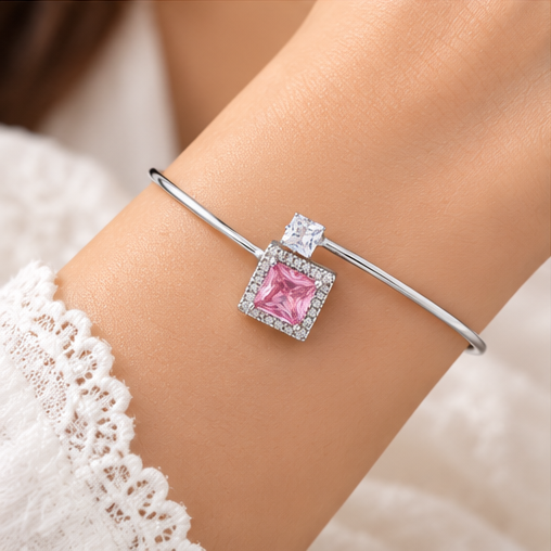 Silver Blush Pink Square Charm Bracelet