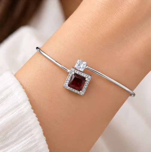 Silver Ruby Square Charm Bracelet