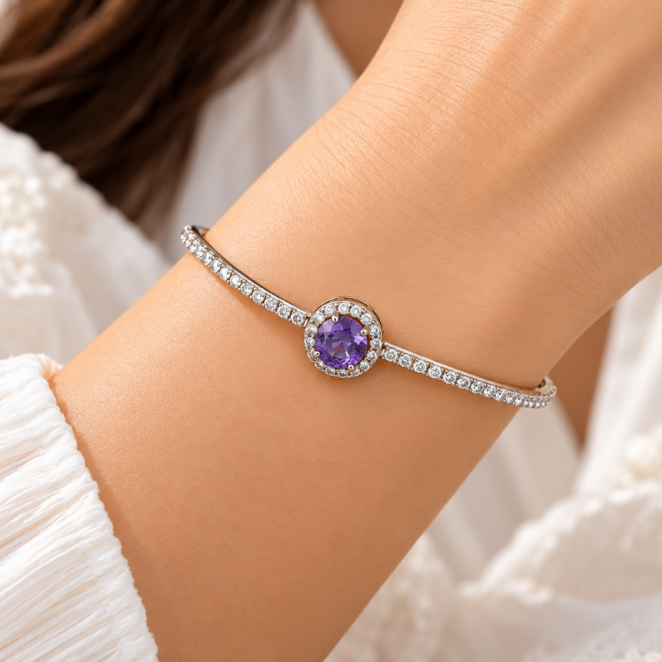 Silver Violet Square Charm Bracelet