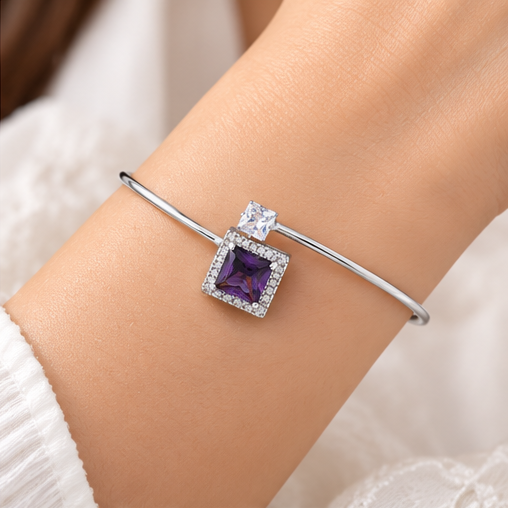 Silver Violet Square Charm Bracelet
