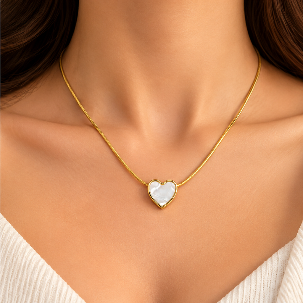 White Heart Gold Tone Pendant Necklace